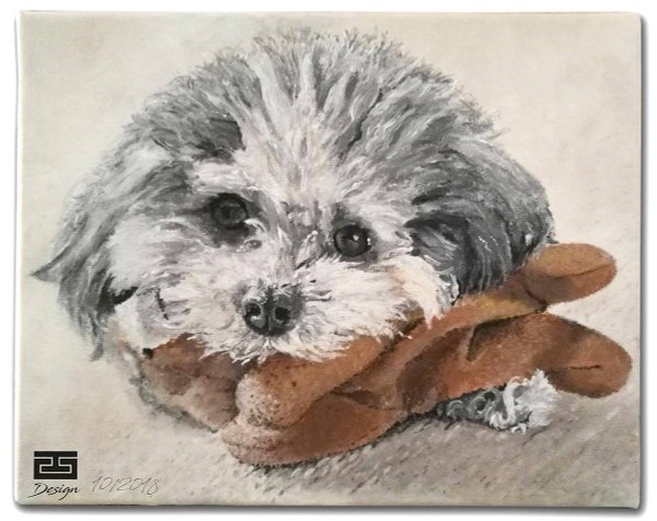 Auftragsarbeit eines Acrylgemälde eines kleines flauschigen Hundes, der auf einen Plüschtier liegt.
