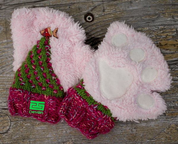 Einzelstücke: kuschelige Kinder-Handschuhe *Tapsen* rosa-grün mit Fischen