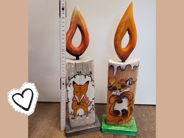 Handbemalte Holz-Deko "Kerze mit Fuchs und Blatt" - Einzelstück