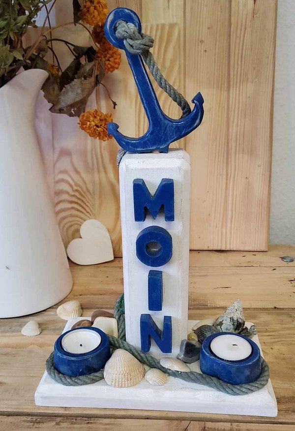 maritimer Teelichthalter, Kerzenleuchter " MOIN" weiß/blau